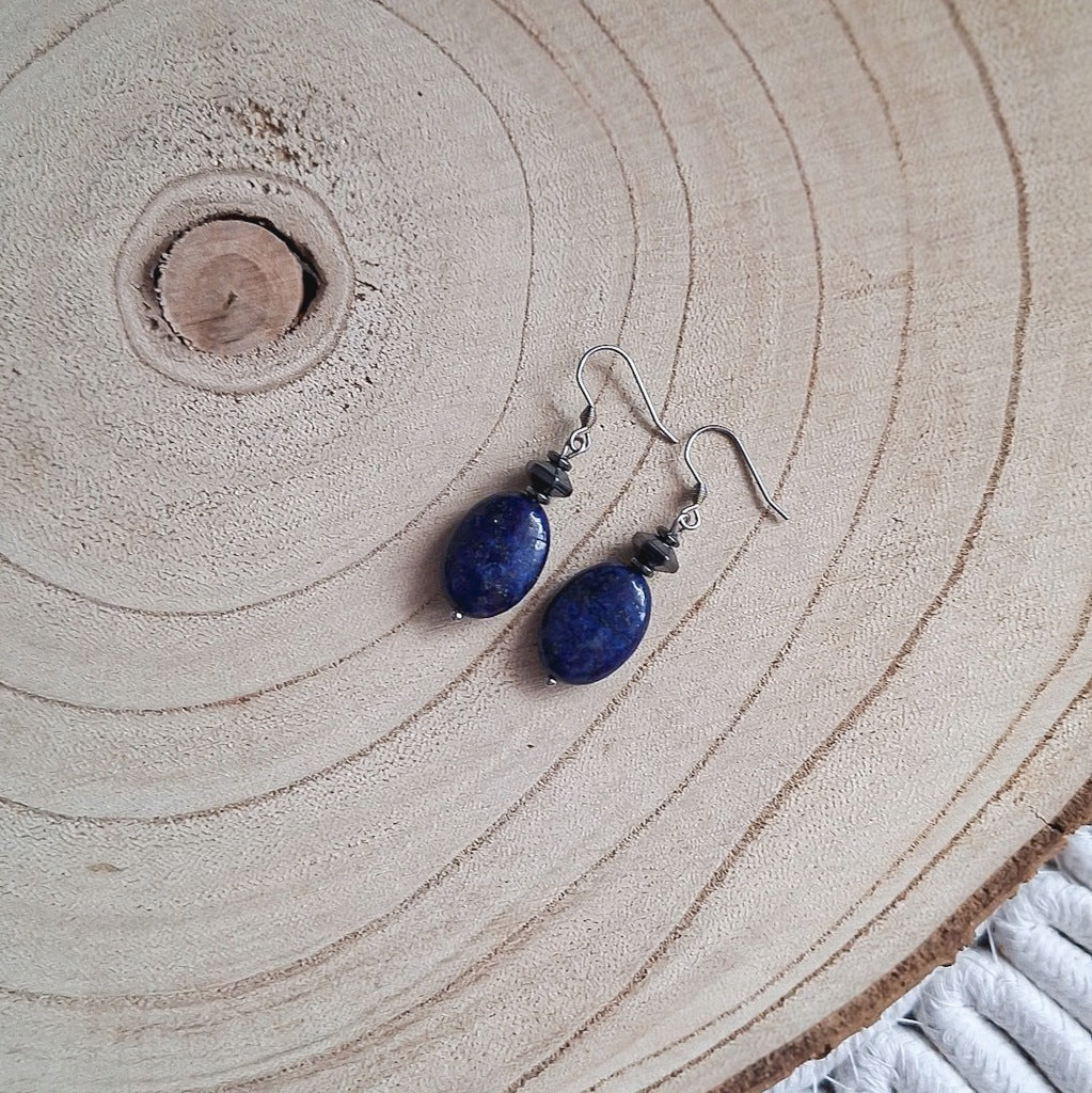 Lapis Lazuli and Hematite Earrings, Surgical Steel, Elegant