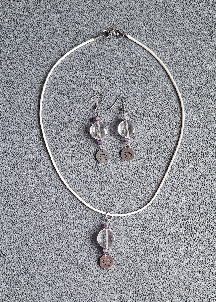 Cancer Zodiac Sign Jewelry Set, Rock Crystal and Amethyst