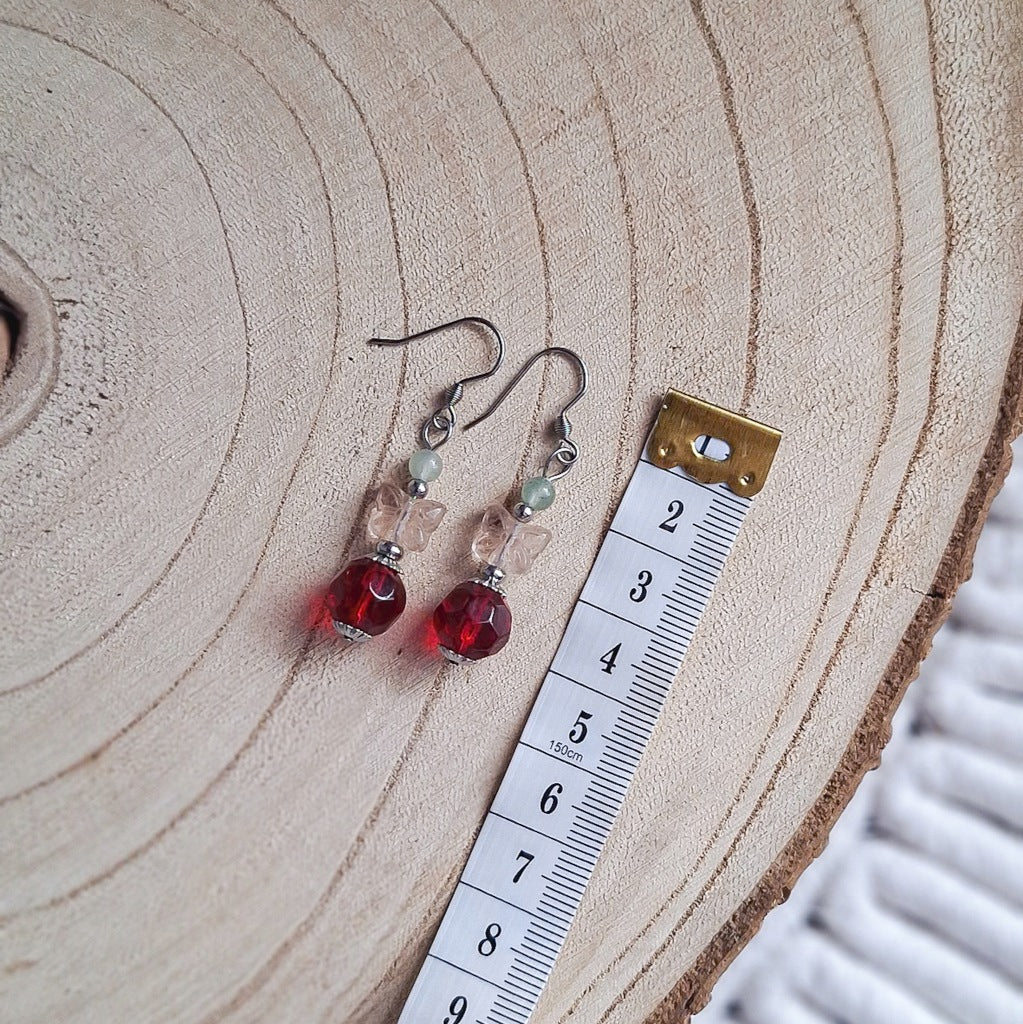 Butterfly Earrings, Red Beads, Green Garnet, Surgical Steel