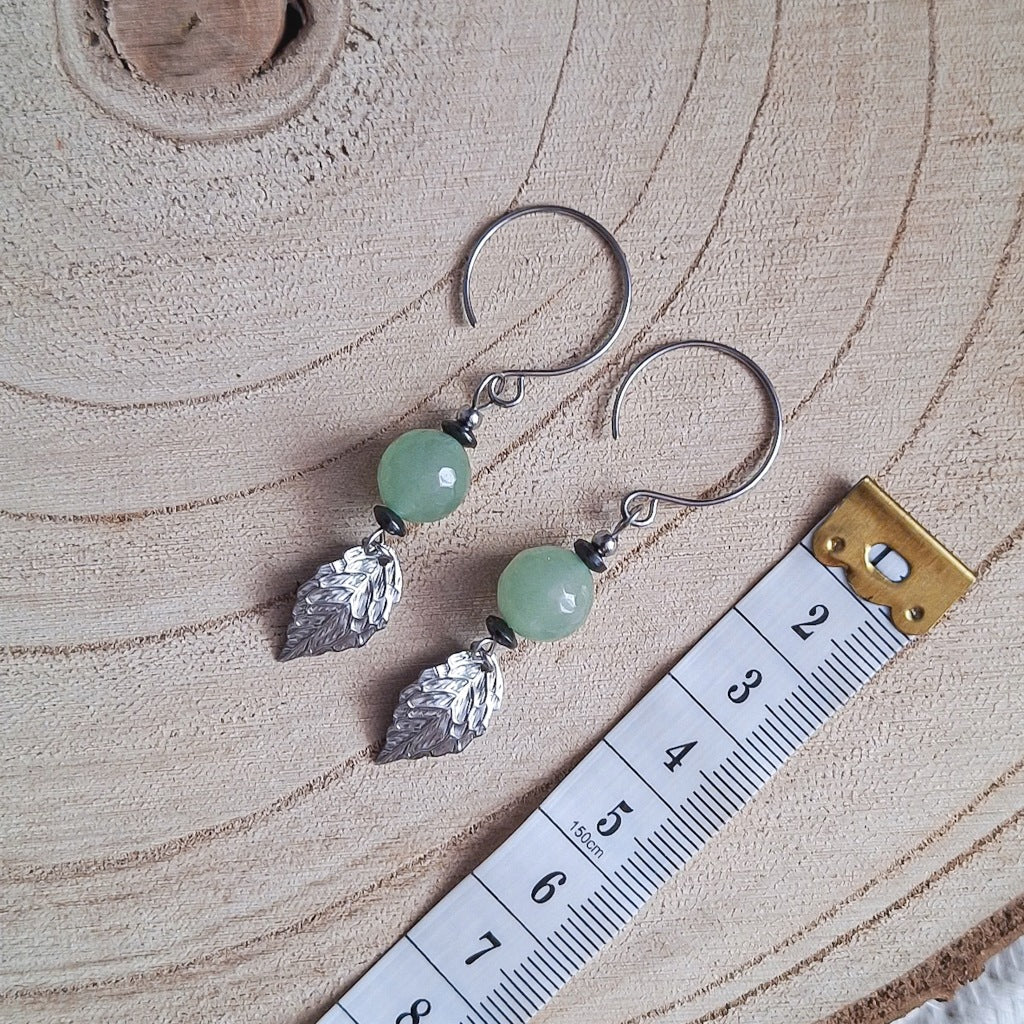 Nephrite Earrings with Leaf Charm, Surgical Steel, Green
