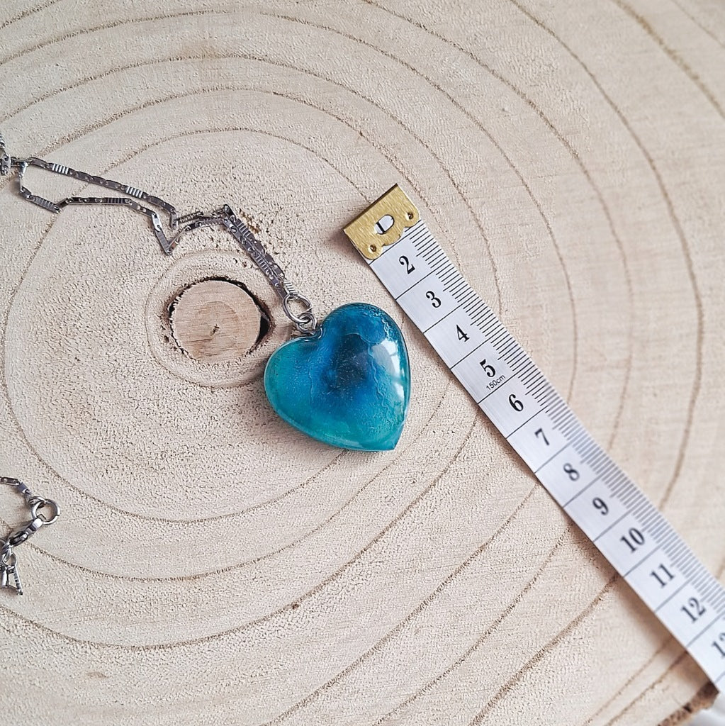 Blue Heart Epoxy Resin Necklace, Handmade, Surgical Steel