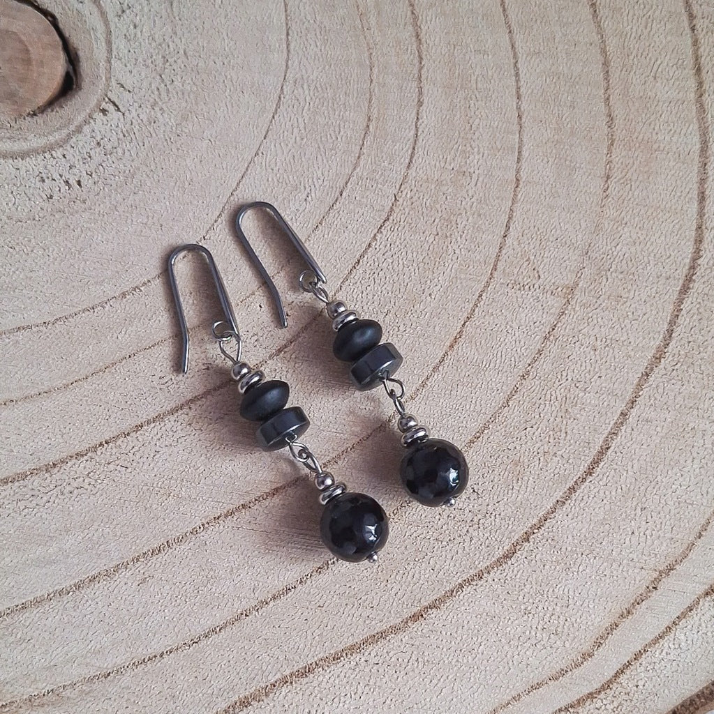 Long Black Agate, Hematite and Shungite Earrings, Steel