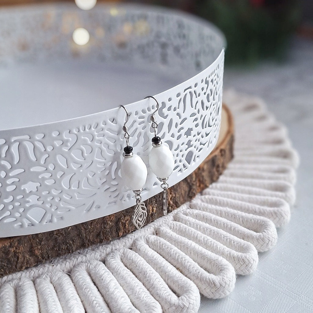 White Agate Leaf Earrings, Surgical Steel, Elegant