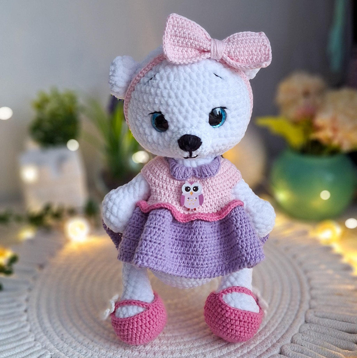 White Teddy Bear Plush 28cm Pink Dress Crochet Amigurumi Nursery Baby Gift