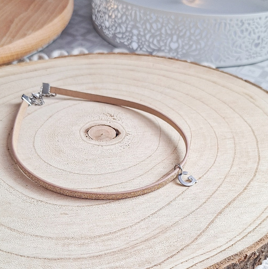 Letter G Choker, Personalized Necklace, Eco-Leather, Surgical Steel