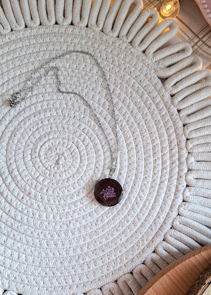 Purple Flower Resin Necklace, Surgical Steel