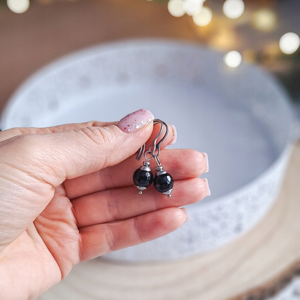 Black Agate Ball Earrings with Hematite, Surgical Steel