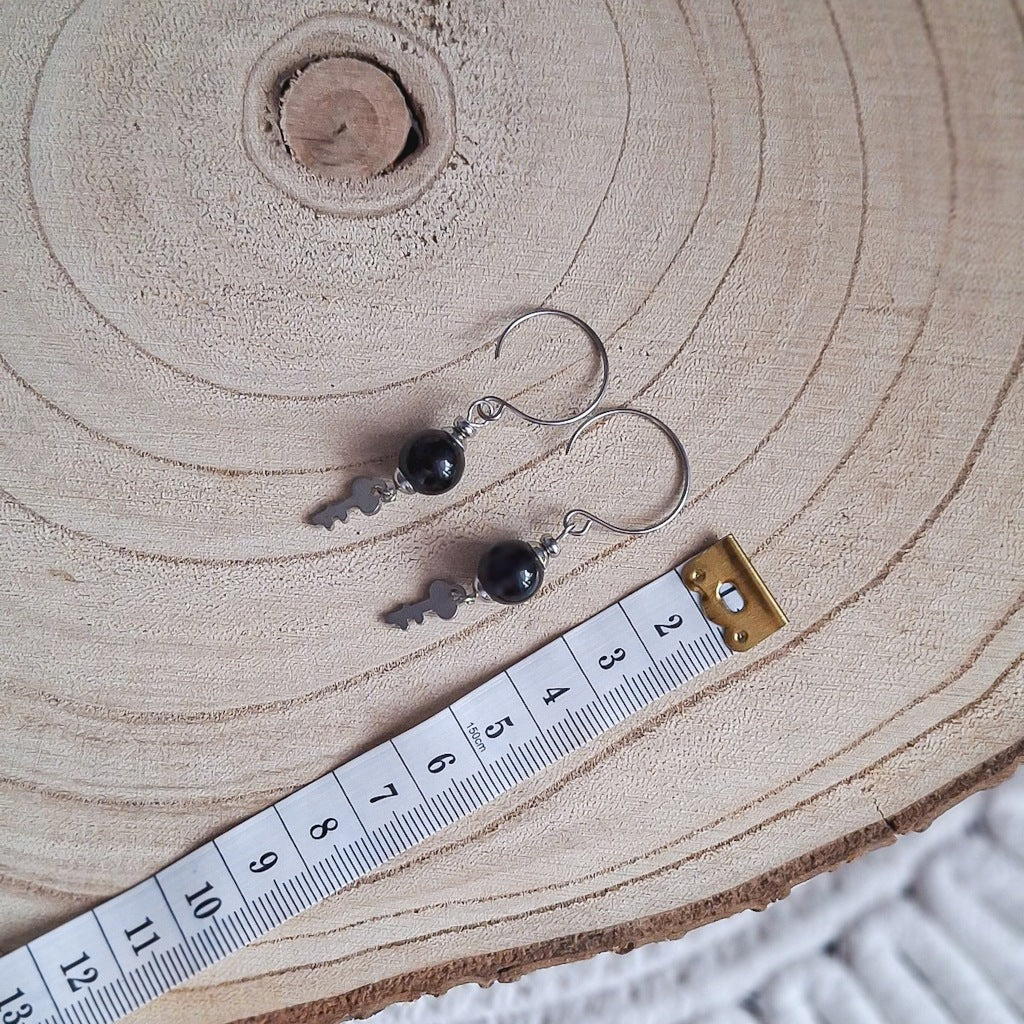 Black Agate Earrings with Key Charm, Surgical Steel