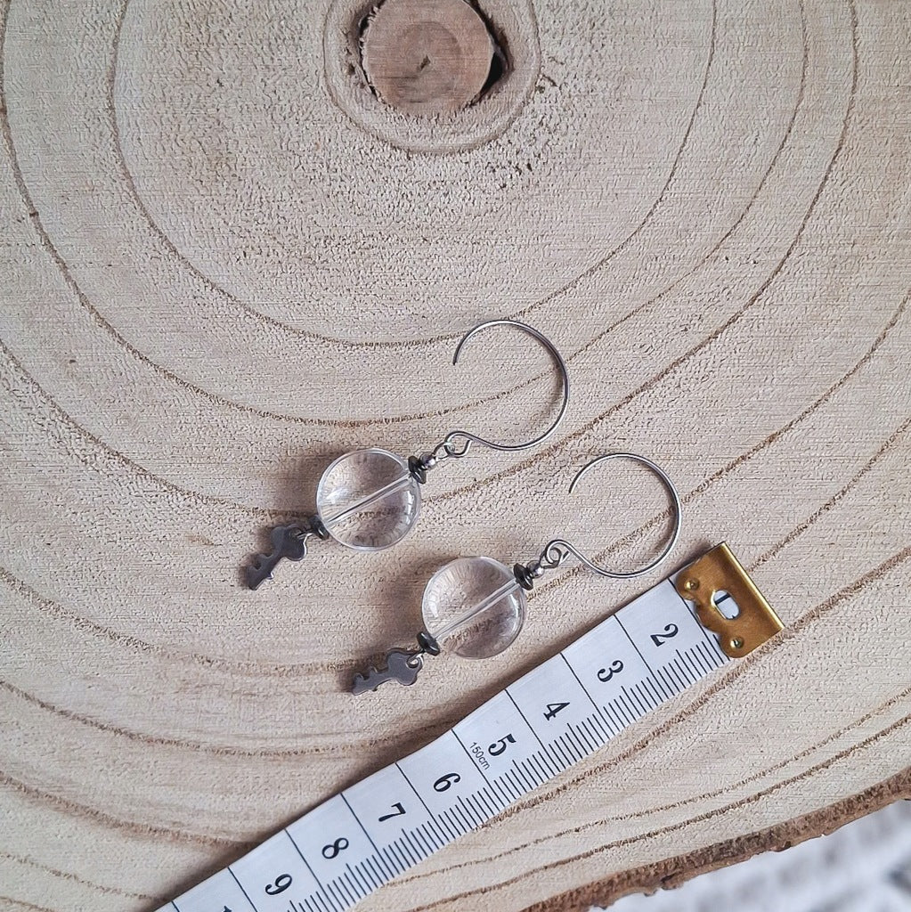 Rock Crystal Earrings with Key Charm, Surgical Steel, 6 cm