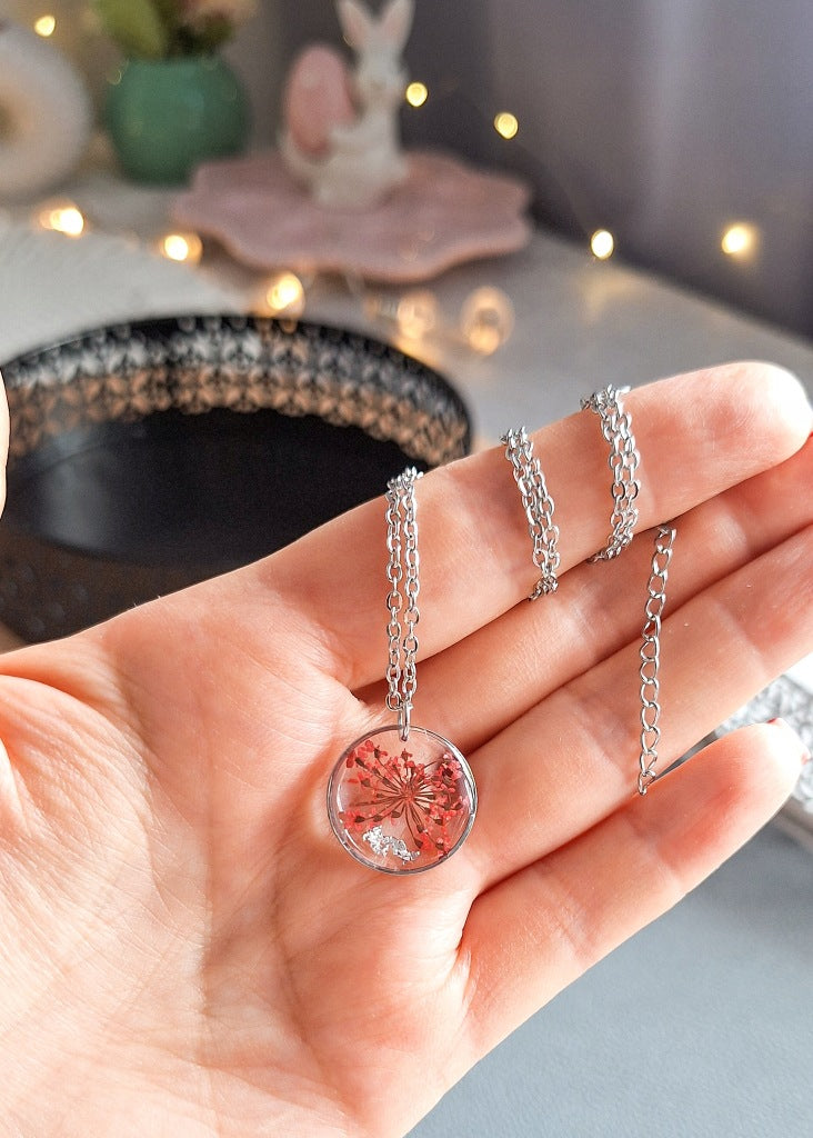 Red Flower Resin Necklace, 2 cm, Surgical Steel, Handmade