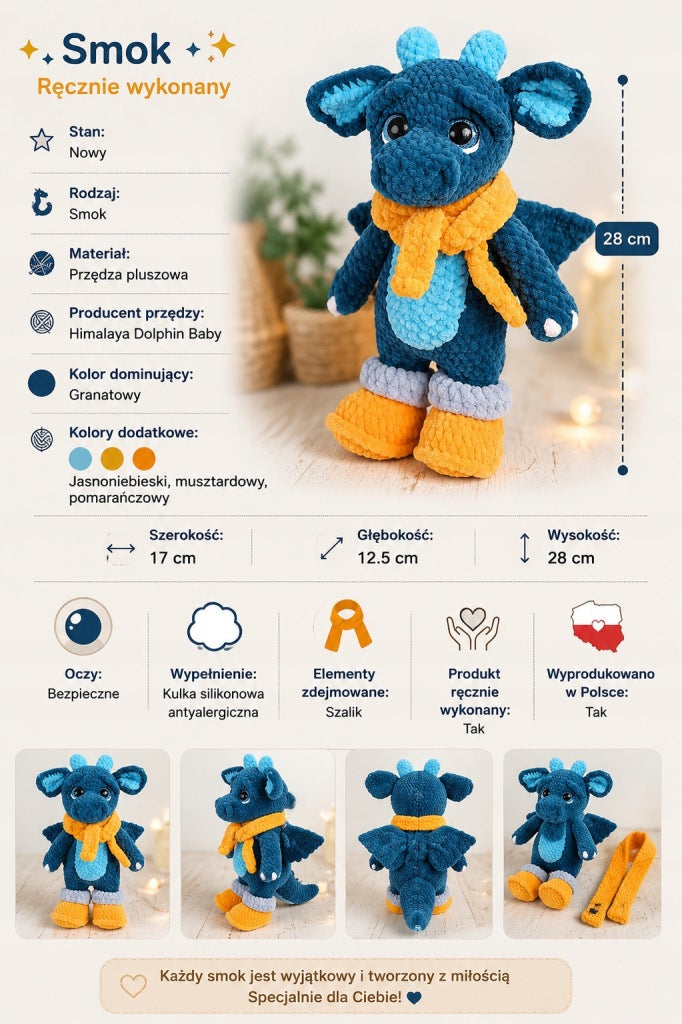 Handmade Crochet Plush Dragon, 28 cm, Amigurumi Gift