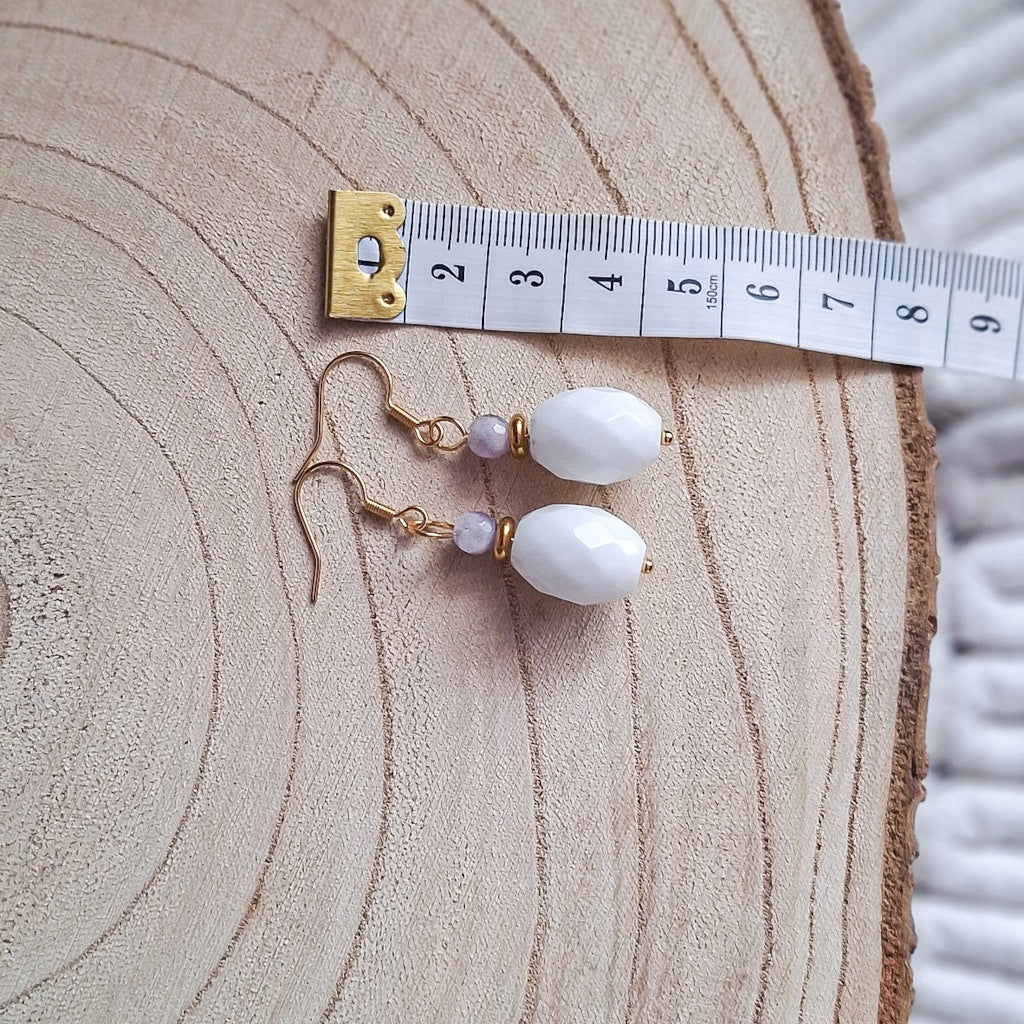 White Agate and Amethyst Earrings, Surgical Steel, Elegant