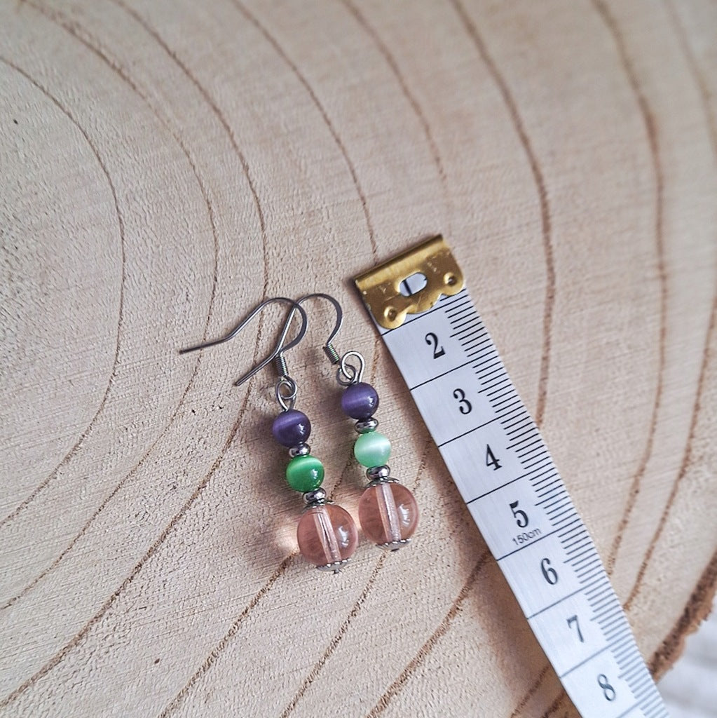 Delicate Cat's Eye and Czech Glass Dangle Earrings, Surgical Steel