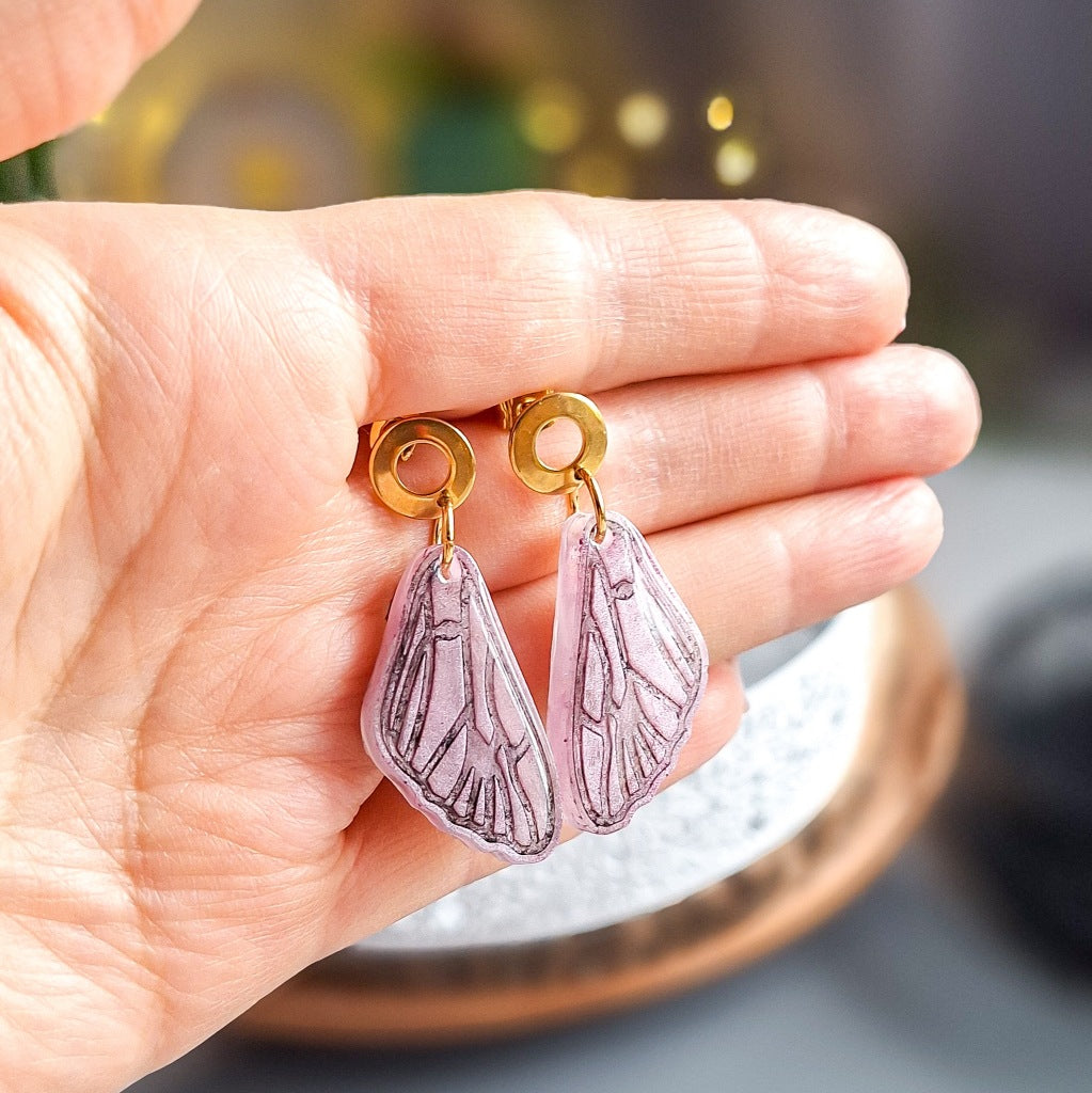 Butterfly Wings Earrings, Pink Epoxy Resin, Steel