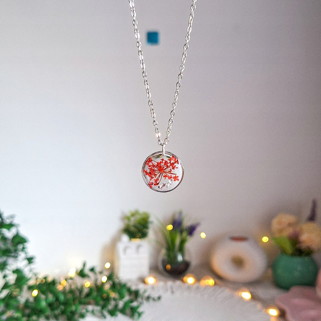 Red Flower Resin Necklace, 2 cm, Surgical Steel, Handmade