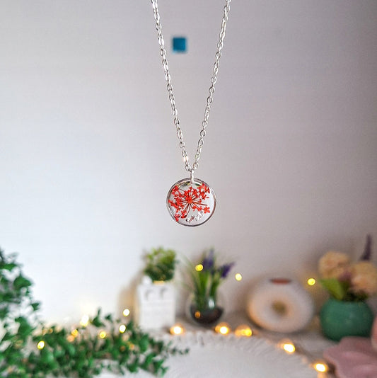 Red Flower Resin Necklace, 2 cm, Surgical Steel, Handmade