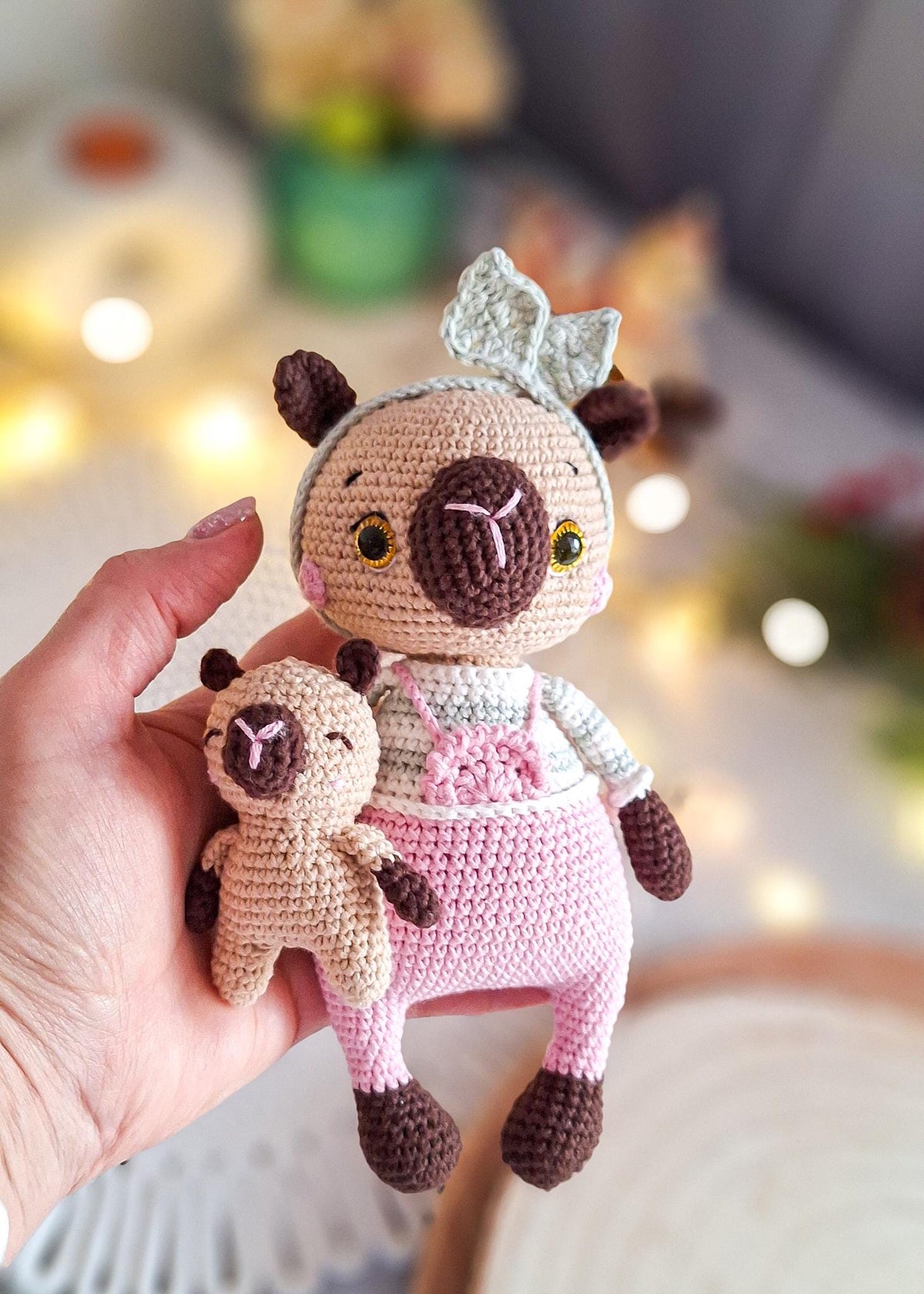 Crochet Capybara Mom Baby Set 20cm Amigurumi Nursery Kawaii Gift Handmade Cotton Toy