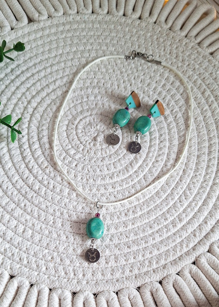 Taurus Zodiac Sign Jewelry Set, Turquoise, Earrings and Necklace