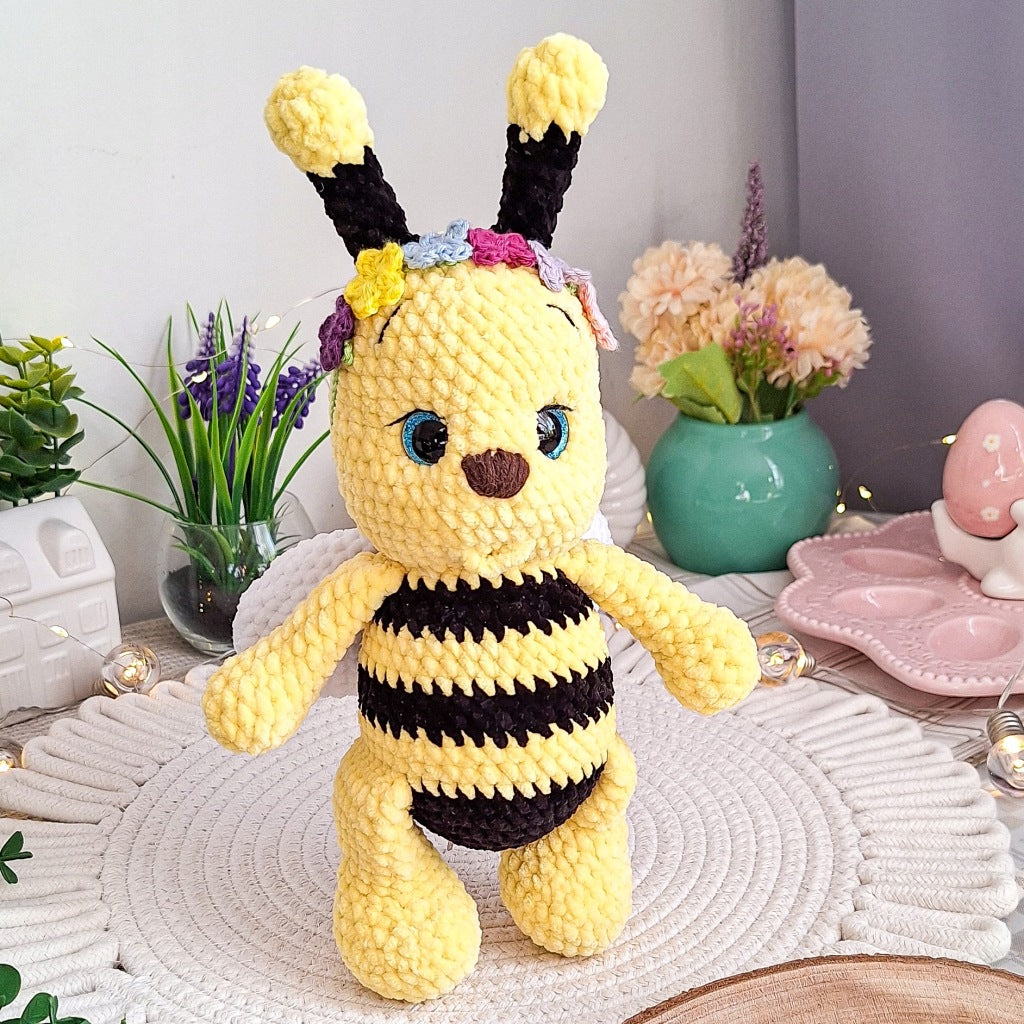 Crochet Bee Plush Toy with Flower Wreath, Handmade Amigurumi, 28 cm