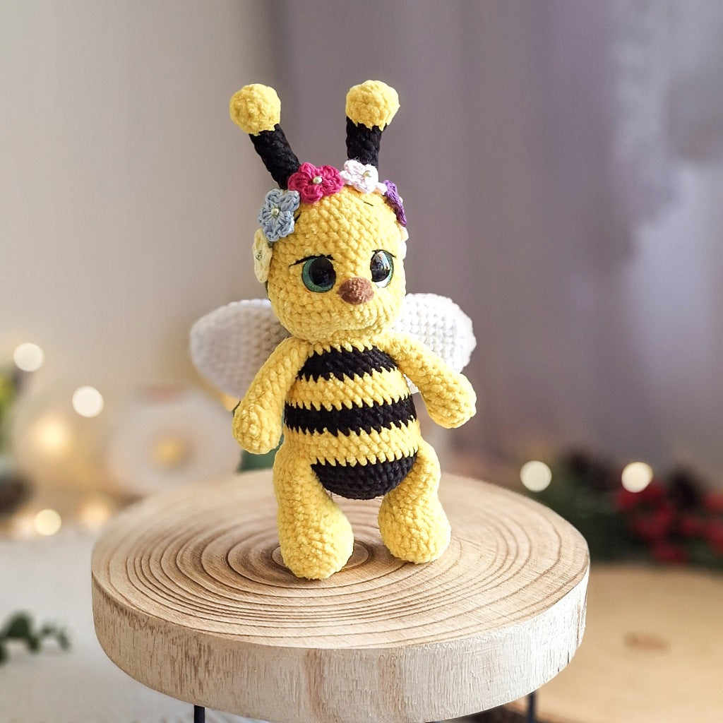 Handmade Crochet Bee Plush Toy with Flower Wreath, 22 cm