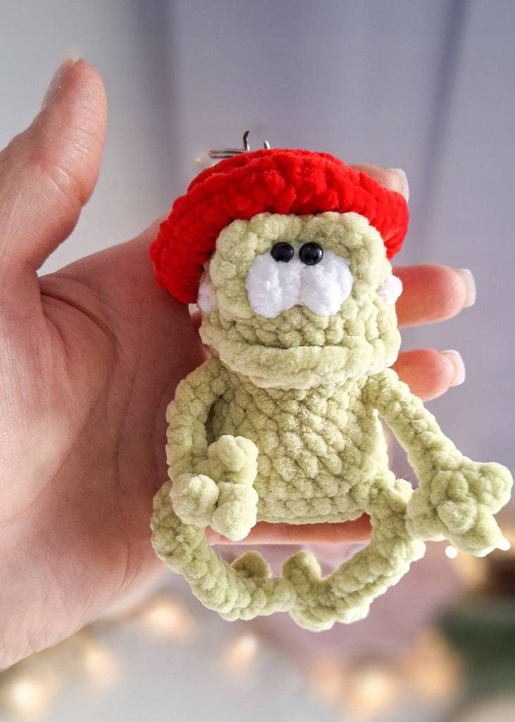 Frog Keychain in a Red Hat, Handmade Crochet