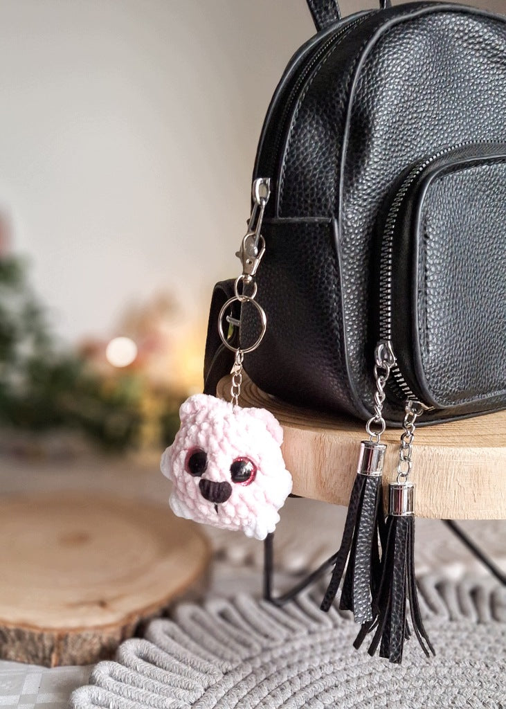 Pink Teddy Bear Keychain, Handmade Plush Amigurumi, 14 cm, for Backpack or Keys