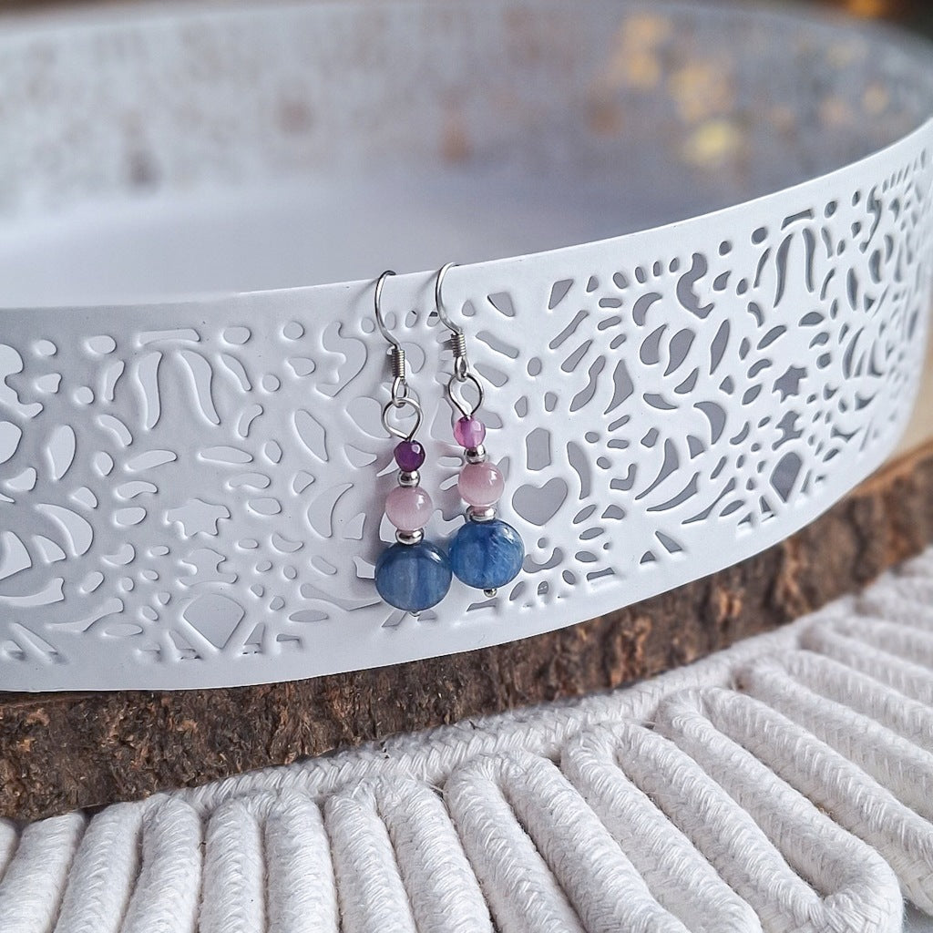 Kyanite, Amethyst and Cat's Eye Earrings, Surgical Steel, Pastel