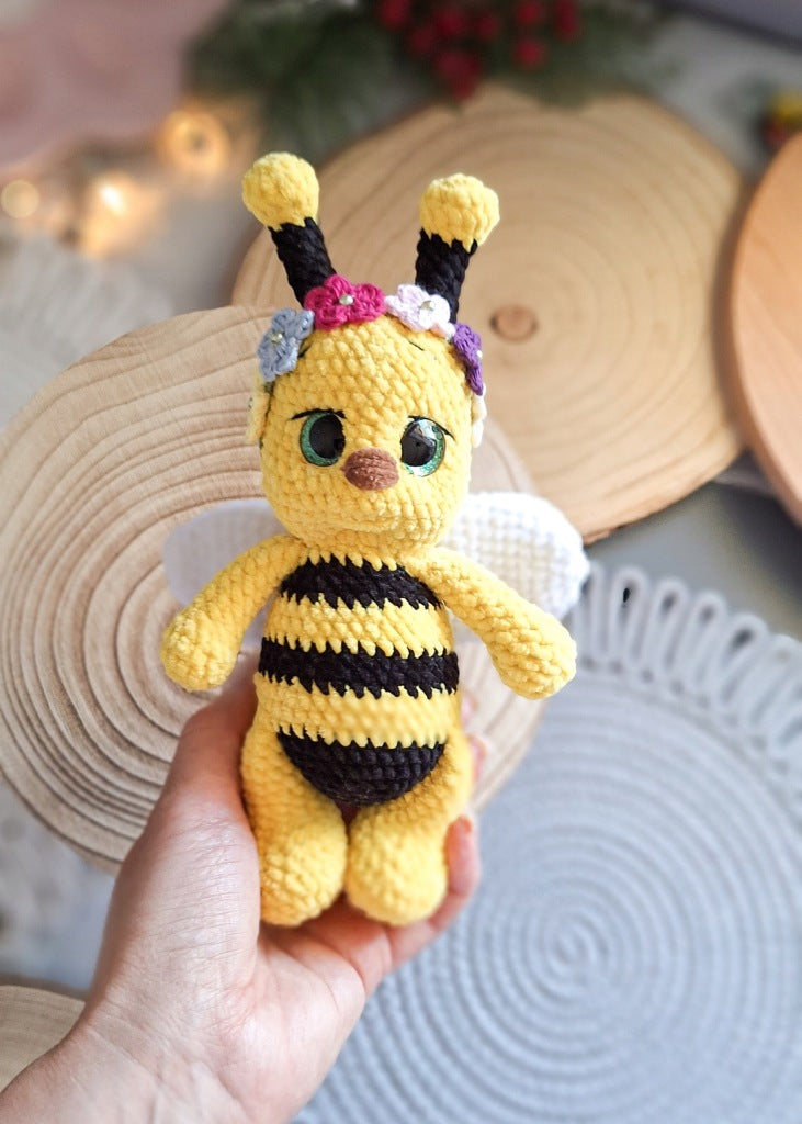 Handmade Crochet Bee Plush Toy with Flower Wreath, 22 cm