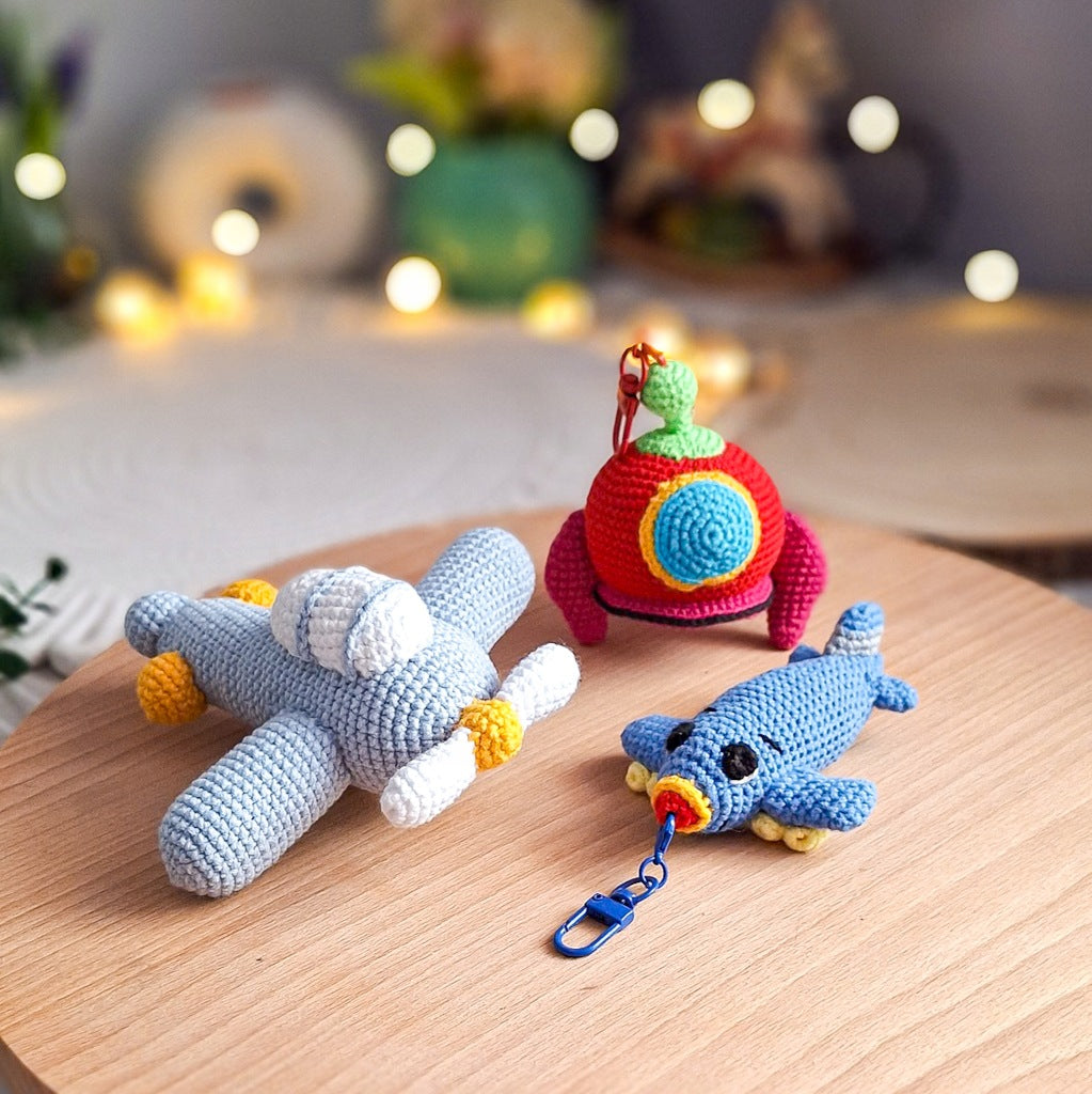 Space Set – 15 cm Airplane, Sputnik, and Airplane Keychain, Handmade
