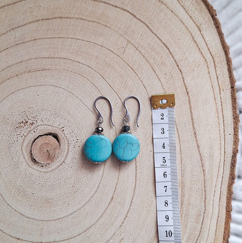 Turquoise Howlite and Hematite Earrings, Surgical Steel, Handmade