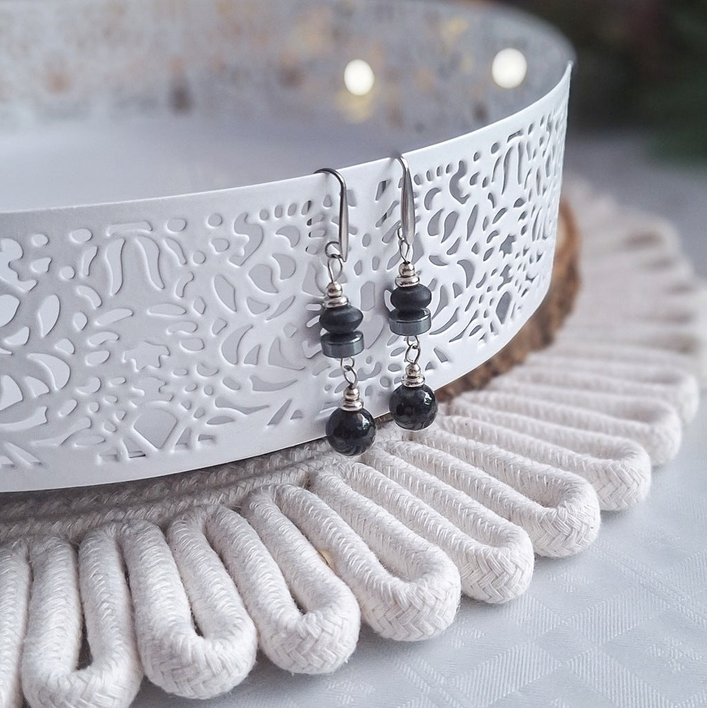 Long Black Agate, Hematite and Shungite Earrings, Steel