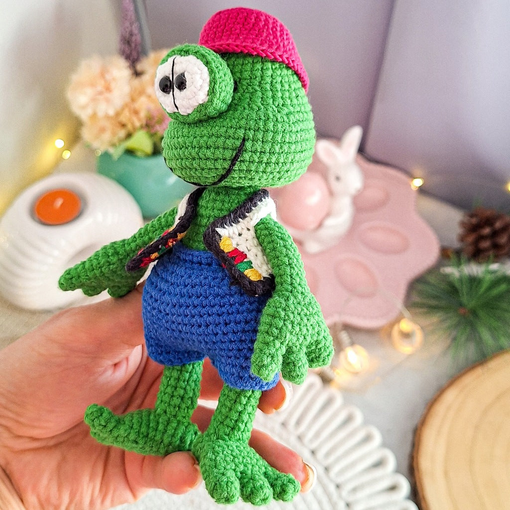 Handmade Crochet Frog in a Hat, 16 cm, Gift