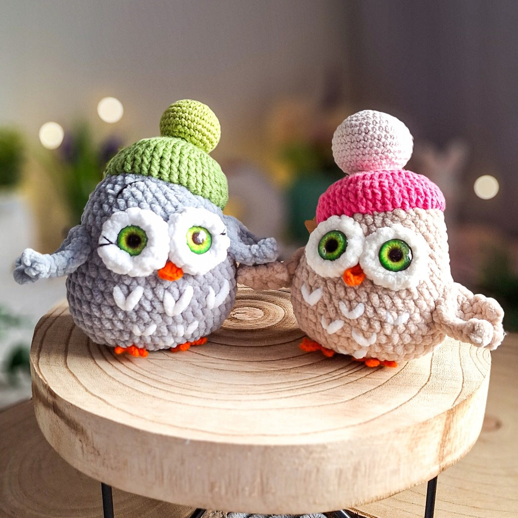 Set of 2 Handmade Crochet Owls in Hats, Plush Toys