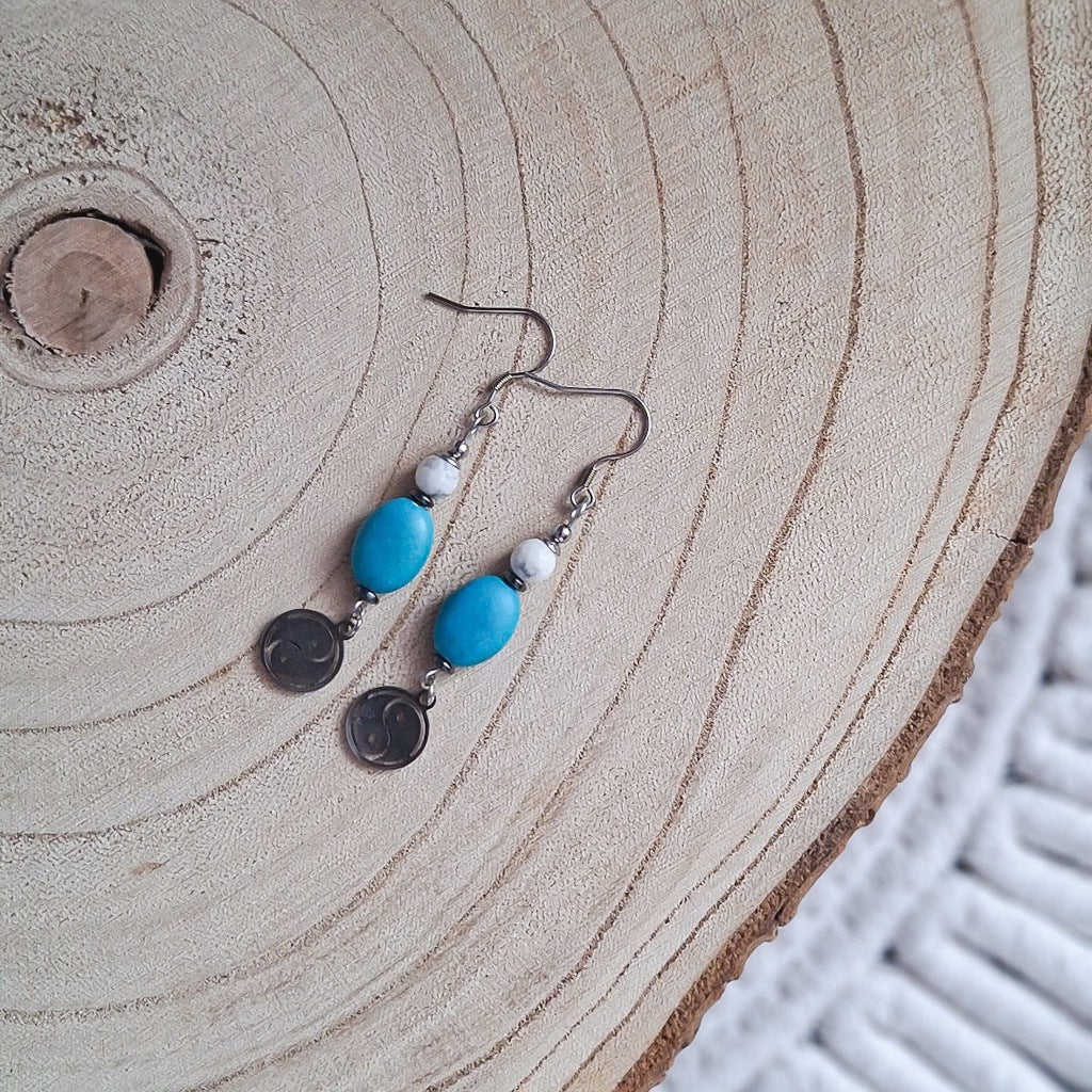 Turquoise Howlite, Kachalong and Hematite Yin Yang Earrings, 6.5 cm