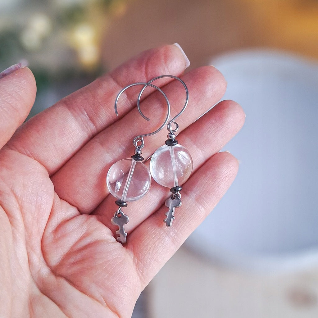 Rock Crystal Earrings with Key Charm, Surgical Steel, 6 cm