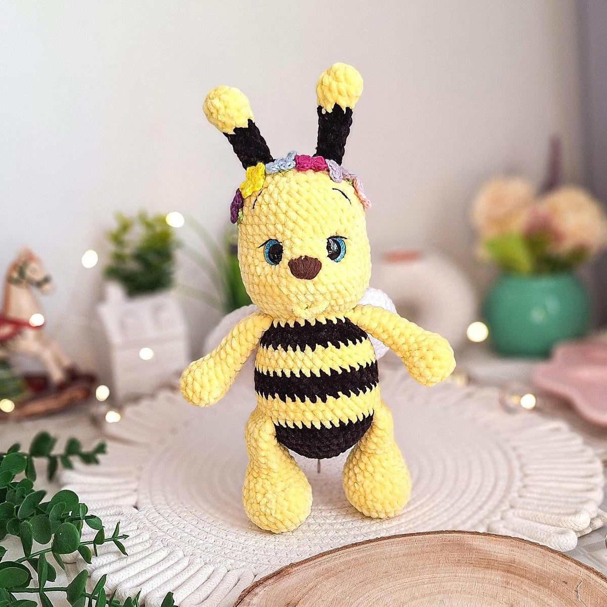 Crochet Bee Plush Toy, Amigurumi Bumble Bee with Flower Crown, Handmade Stuffed Bee, Nursery Decor, Baby Shower Gift