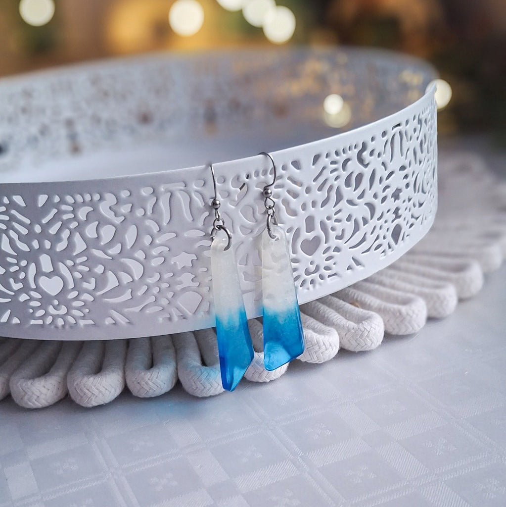 Long Geometric Earrings, White-Blue Epoxy Resin, Steel