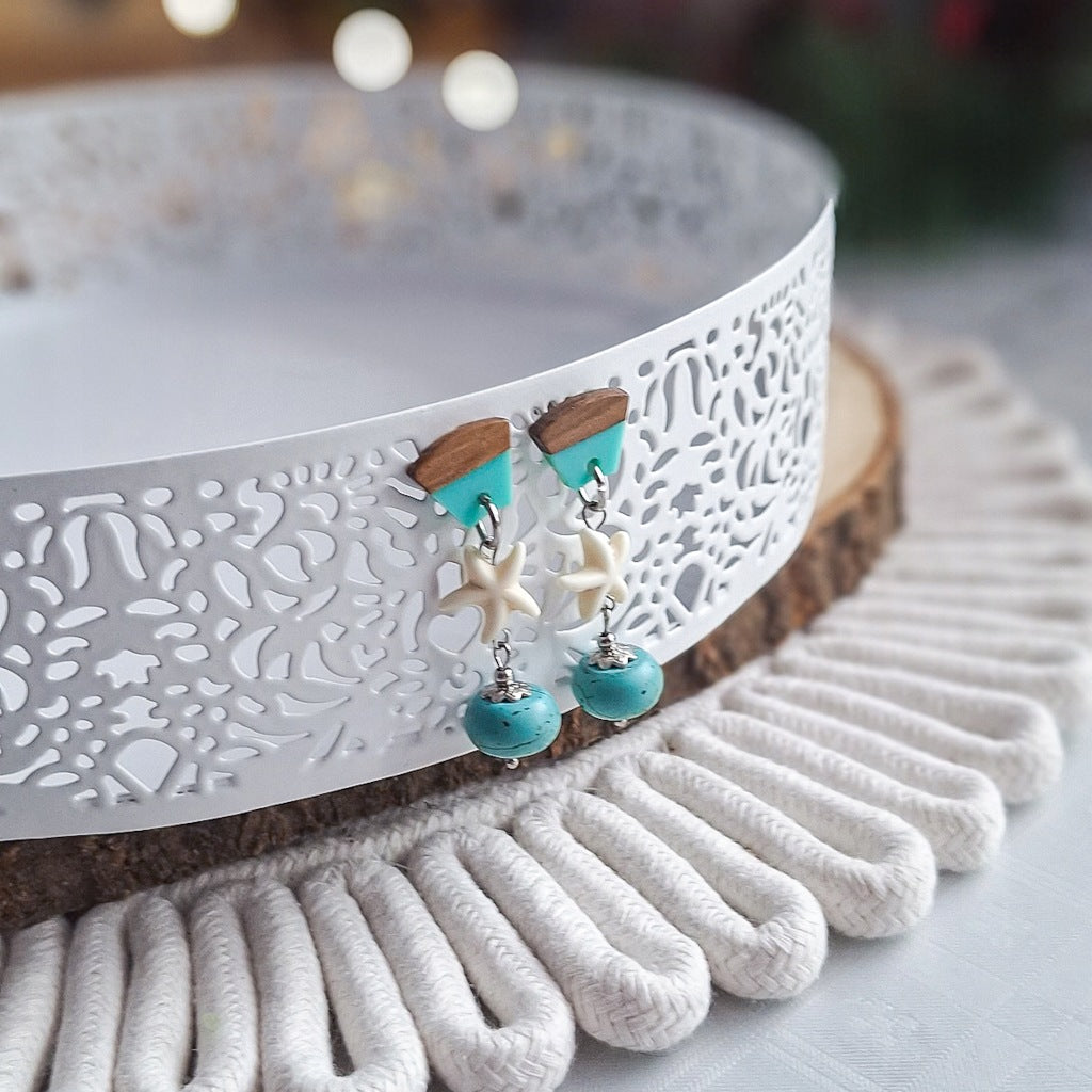 Nautical-Style Stud Earrings, Turquoise Howlite, Shells, Surgical Steel
