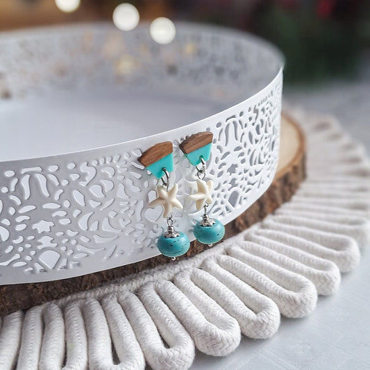 Nautical-Style Stud Earrings, Turquoise Howlite, Shells, Surgical Steel