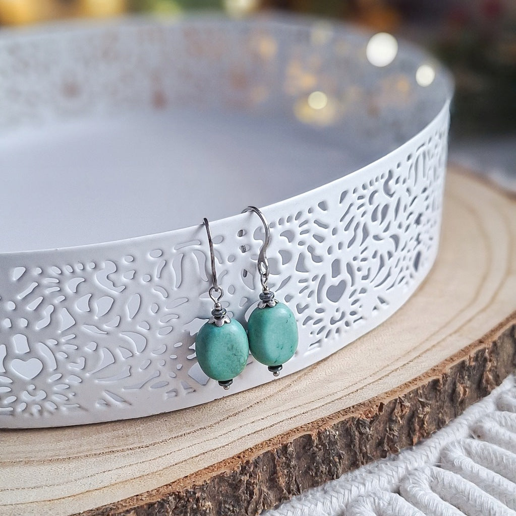 Turquoise Howlite Earrings, Oval, Surgical Steel, Green