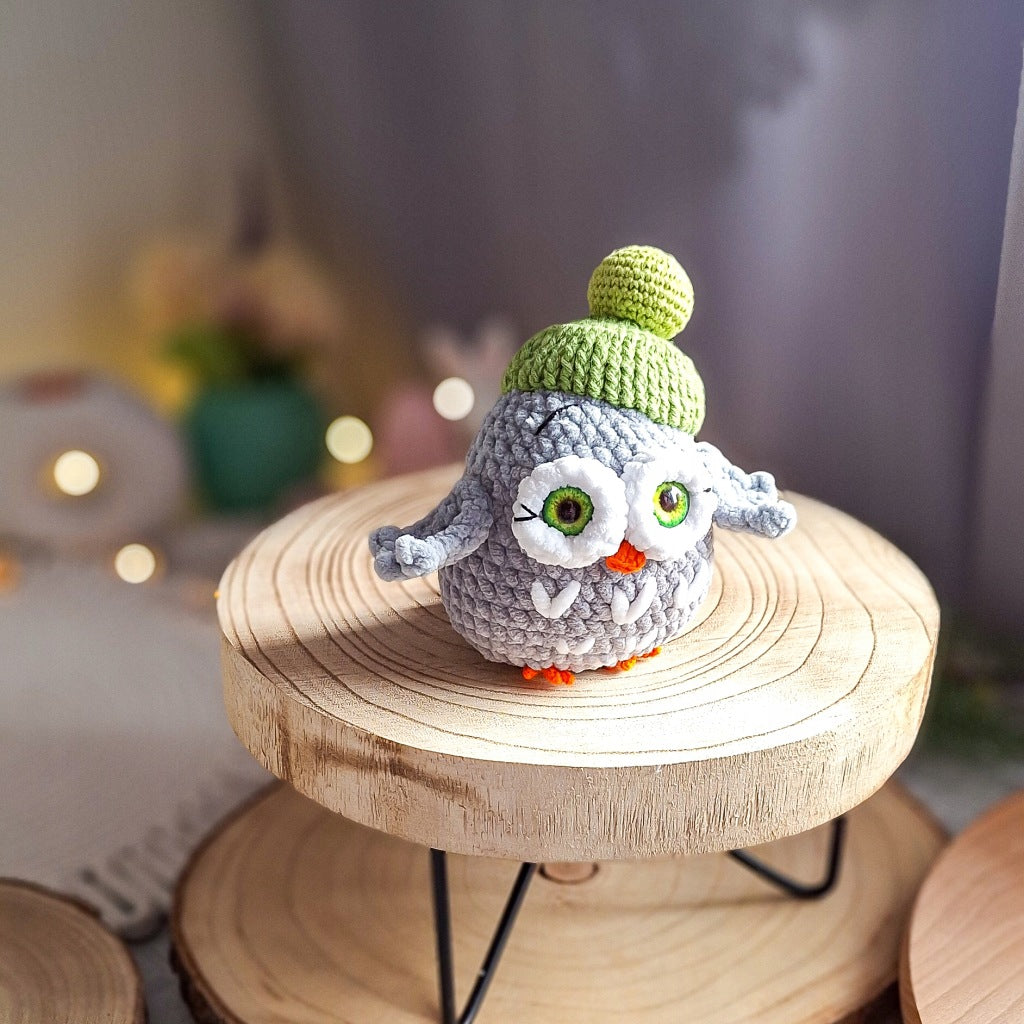 Crochet Owl, 15 cm, Green Hat, Handmade Gift