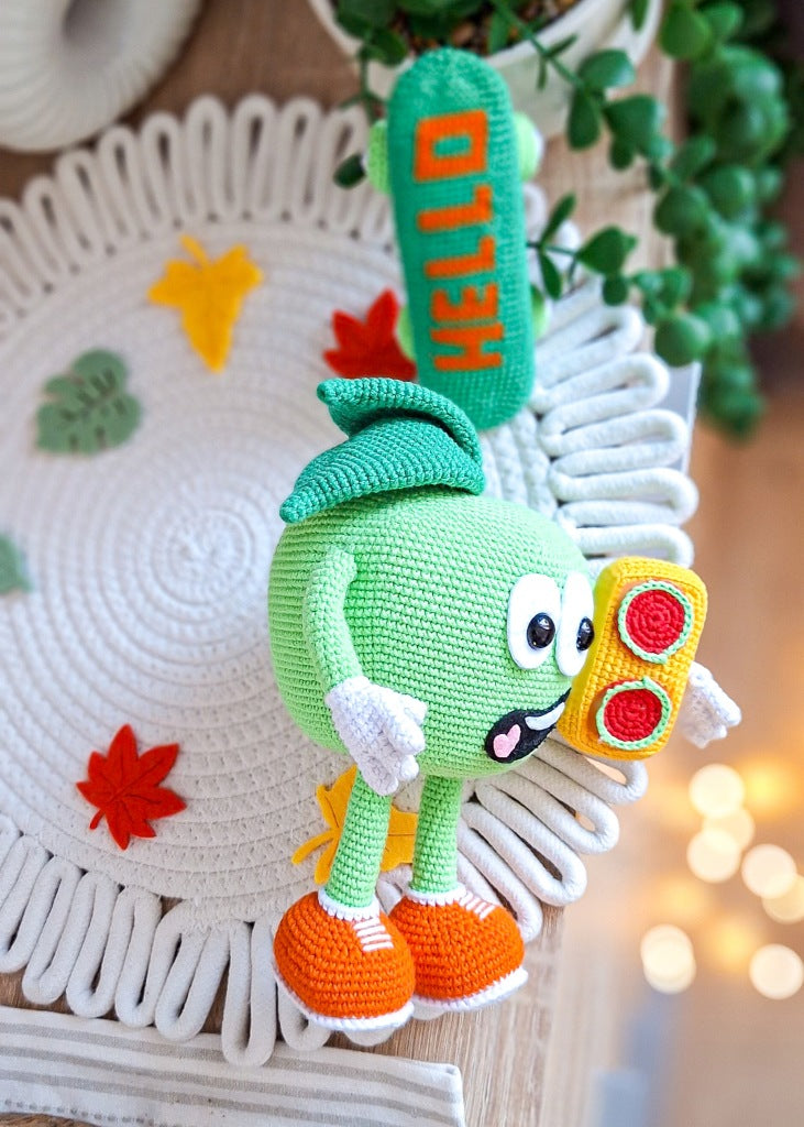 Crochet Green Apple on a Skateboard, 22 cm, Handmade Toy