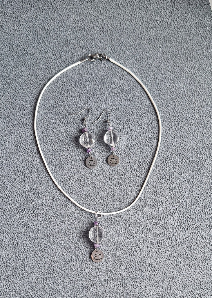 Cancer Zodiac Sign Jewelry Set, Rock Crystal and Amethyst