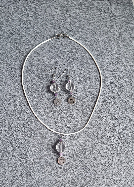 Cancer Zodiac Sign Jewelry Set, Rock Crystal and Amethyst