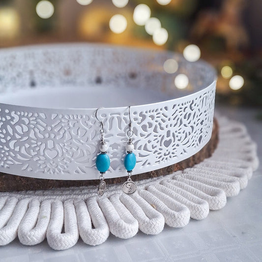 Turquoise Howlite, Kachalong and Hematite Yin Yang Earrings, 6.5 cm