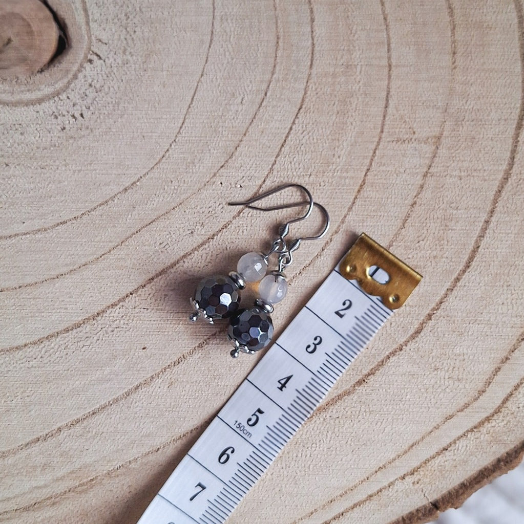 Agate and Hematite Earrings, Surgical Steel, Elegant, Dangle