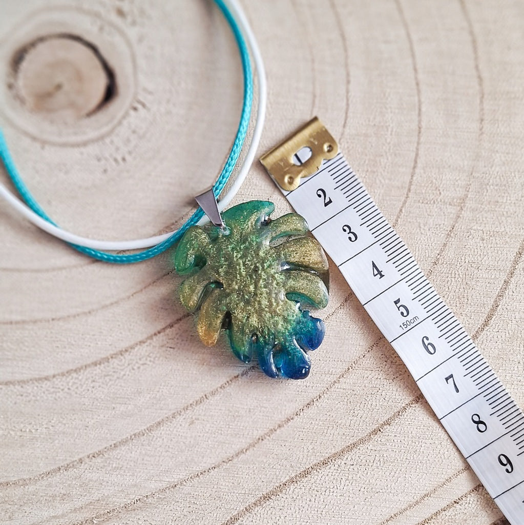 Monstera Leaf Necklace, Blue-Gold, Handmade, 46 cm
