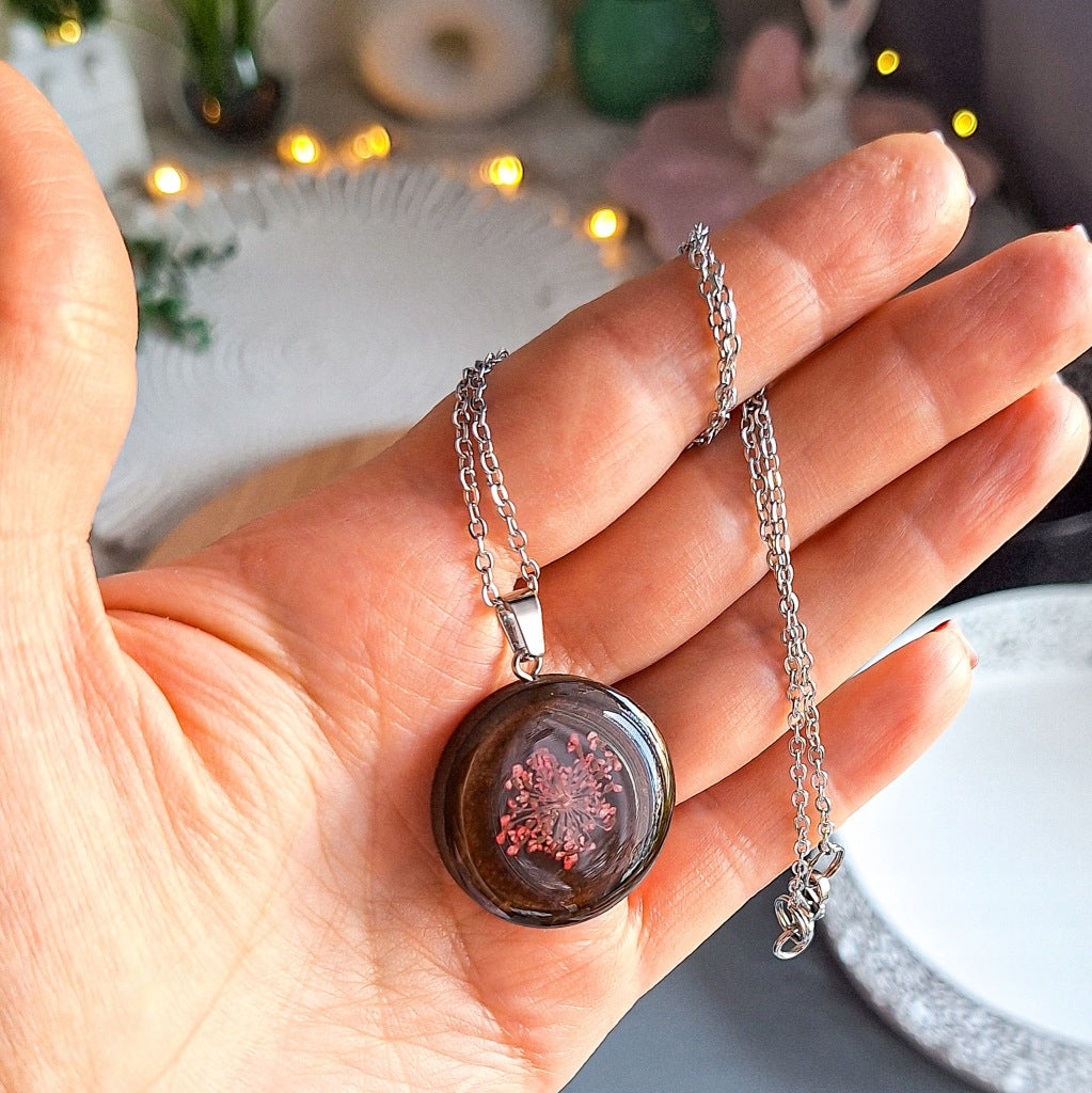 Dark Pink Flower Resin Necklace, Surgical Steel