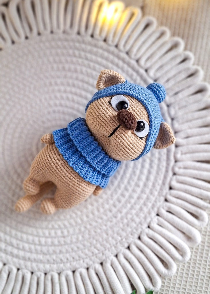 Crochet Cat Plush Toy, 20 cm, Handmade, Removable Hat and Chimney