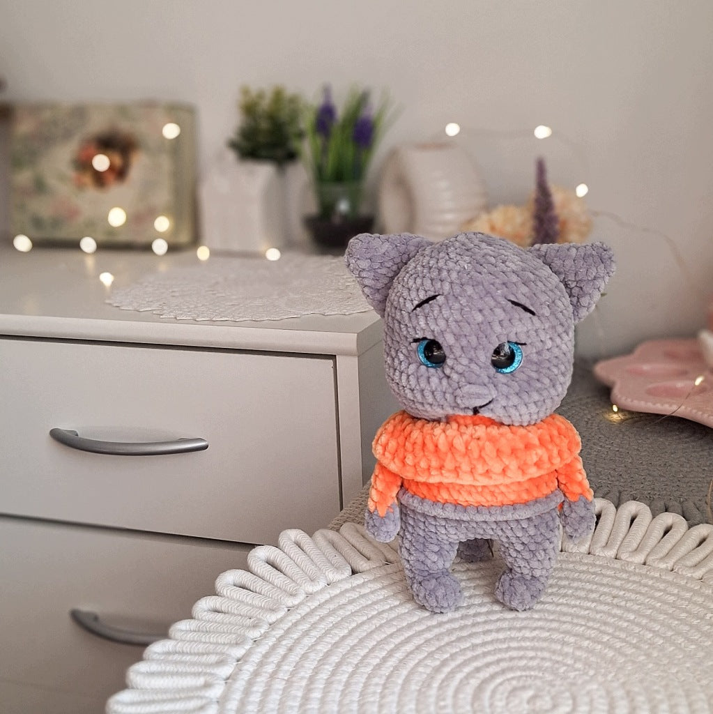 Kitten in a Sweater Plush Toy, Handmade Crochet, 21 cm